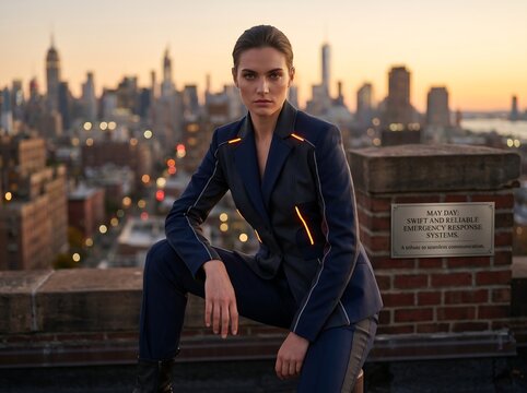 Woman in business suit sitting on rooftop ledge overlooking city skyline at sunset with urban landscape