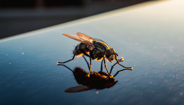 Close-up of a bee on a reflective surface with a blurred background.