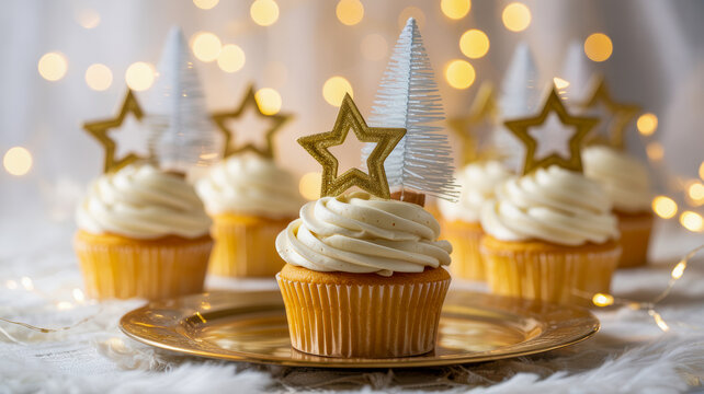 Delicious vanilla cupcakes with festive star and tree decorations are beautifully arranged for a holiday celebration amidst glowing bokeh lights
