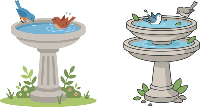 Cartoon illustration of two decorative garden birdbaths with small birds splashing and drinking water, set in a natural outdoor environment with grass, flowers, and stones.