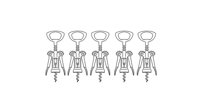 A linear arrangement of five identical black and white line art illustrations of wine corkscrews