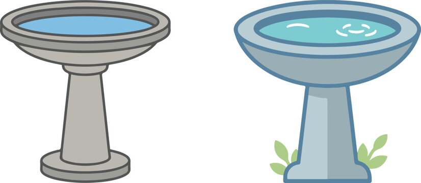 Simple vector illustration of two garden birdbaths with water, featuring different designs in a minimal clean style.
