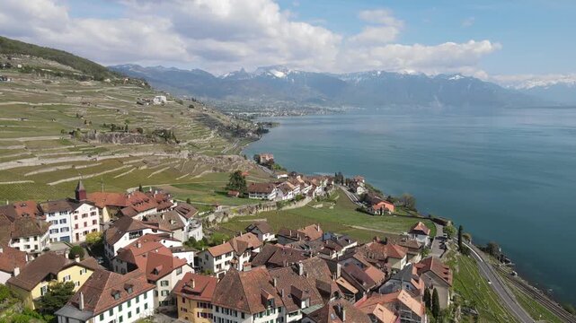 Lavaux Vineyards and Rivaz Village Drone View Over Lake Geneva Switzerland
