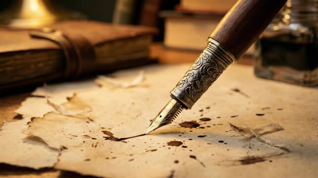 A vintage fountain pen poised over faded parchment Ink splatters suggest a creative process surrounded by old books Evokes history and writing