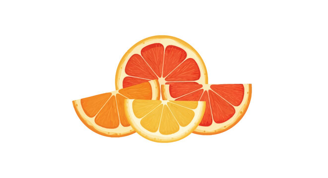 Flat vector illustration of various citrus fruit slices including a round red grapefruit, a grapefruit wedge, an orange slice, and a lemon wedge isolated on a plain white background.
