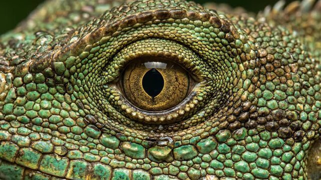 Extreme close up of a vibrant green lizard s eye showing intricate scales and a piercing gaze This detailed shot highlights reptilian texture and natural beauty