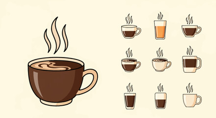 Obraz premium Minimalist vector illustration set featuring various hot beverage icons including coffee cups with latte art, tea glasses, espresso mugs, and cocoa with steam on a plain background.