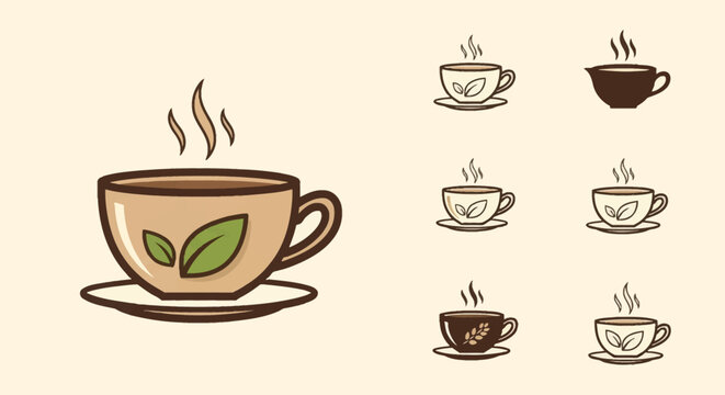 Vector illustration set featuring minimalist icons of steaming hot tea cups with green leaf motifs, coffee mugs with grain symbols, and saucers isolated on a cream background.