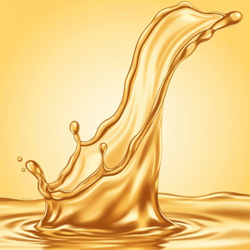 Dynamic golden liquid splash with crown effect and droplets rising from a rippled surface, illustrating viscous fluid like oil, honey, or syrup against a yellow background.