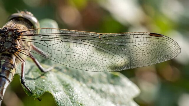 A detailed macro shot captures a delicate dragonfly perched on a leaf its translucent wings shimmering with intricate patterns Nature s artistry is on full display