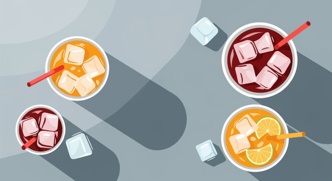 Overhead vector illustration of four chilled drinks in glasses with ice cubes and straws, featuring orange juice, dark soda, and lime garnishes on a grey flat surface.