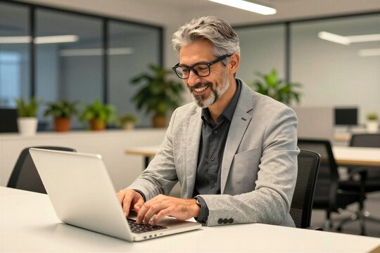 Middle Aged Man With Greying Hair Facial Smiling As Works On Laptop In Office Environment Content Pleased By Something Displayed Screen Of Computer