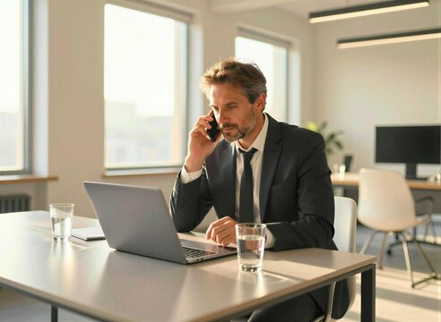 Middle Aged Caucasian Businessman Engaged In Professional Activity Within Office Environment Dressed Formally With Dark Colored Suit White Shirt Tie Business Setting Formal