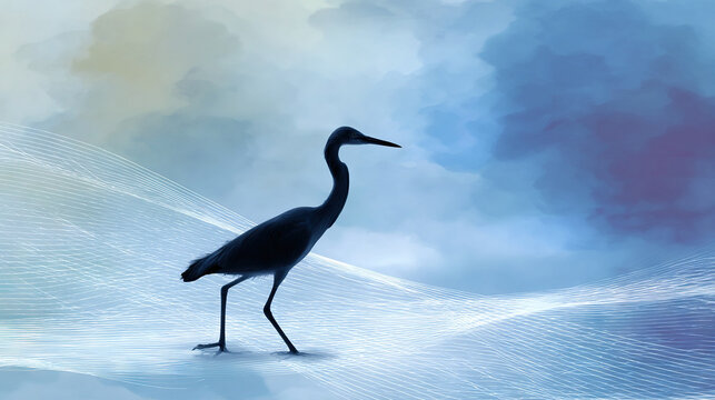A solitary wading bird walks along a misty shoreline