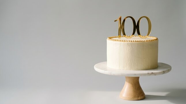 Elegant cream cake with a gold 100 topper on a marble stand for a special celebration