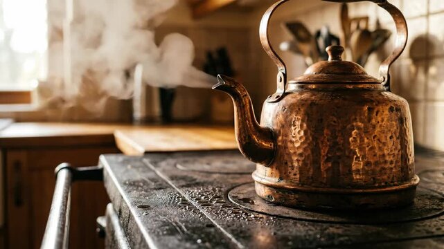 A vintage copper kettle steams gently on a rustic stovetop creating a warm inviting atmosphere perfect for a cozy morning beverage