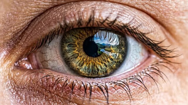 A stunning close up reveals a human eye with intricate details brown iris green flecks and a dark pupil reflecting light on the cornea