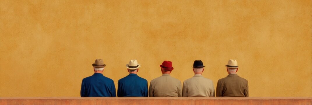 Five mature men sitting in row wearing fedora hats against bright yellow wall background stylish group portrait bold fashion concept minimal composition