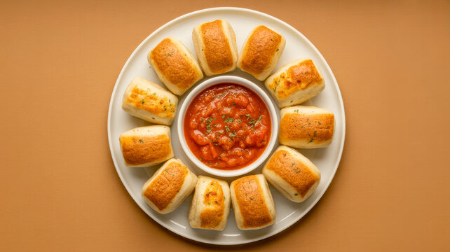 Golden brown bread rolls with herbs and cheese arranged around a bowl of marinara sauce on a white plate