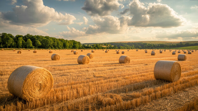 Golden round hay bales dot a vast agricultural field under a dynamic cloudy sky at sunset