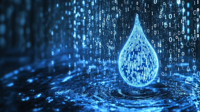 A digital water droplet made of binary code falls into a pool of water with a dark blue background