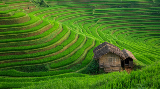 Green rice terraces with a traditional hut in a serene rural landscape