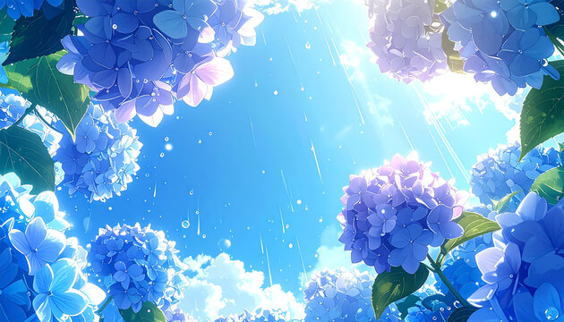 天気雨とアジサイのイラスト背景_generated by AI