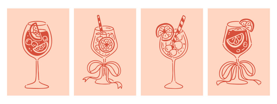 Hand drawn Spritz cocktail illustrations with orange slices, ice, and ribbons in a minimalist line art style.