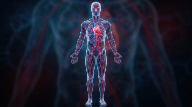 Human circulatory system with beating heart and glowing blood vessels