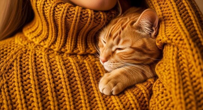 Cuddly orange tabby cat sleeping.
