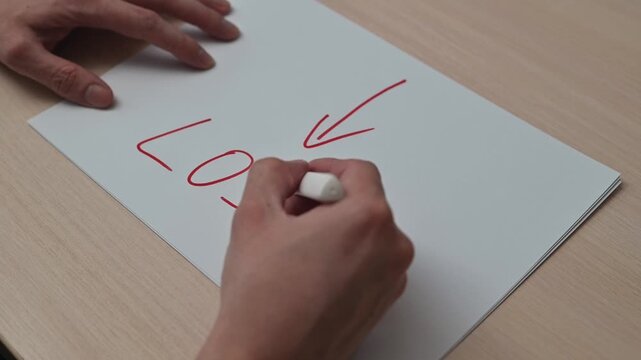 Hands write the word loss with a downward arrow on paper across four frames. This content can be used for topics related to finance, strategy, or emotional well-being