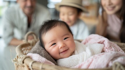 Fototapeta premium Adorable baby girl smiling in a cozy basket, surrounded by family joy and warmth.