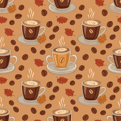 Obraz premium Seamless vector pattern featuring hot coffee cups with steam, roasted coffee beans, and fallen orange autumn leaves on a warm brown background, suitable for seasonal textile and decor.