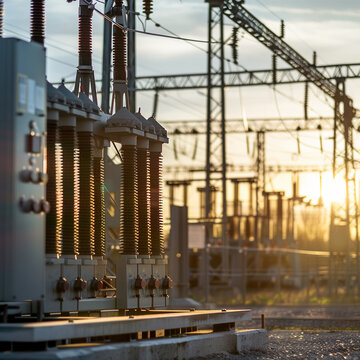 Electric power substation with transformers and high voltage grid infrastructure at sunset, energy distribution concept