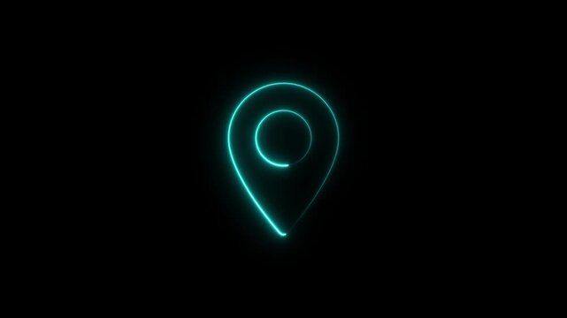 Abstract location glowing neon icon fast tracking map pin icon animation on black background.