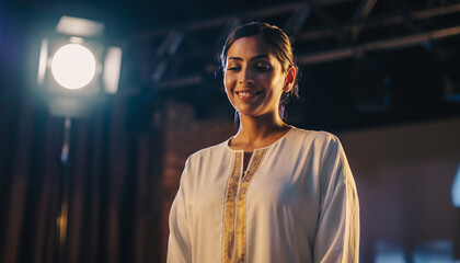 Fototapeta premium A woman smiling in a professional setting with stage lighting.