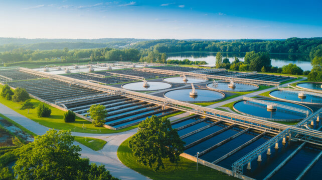 Large water treatment plant complex with circular and rectangular basins near a lake and forest on a clear sunny day