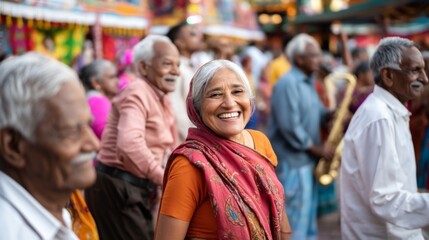 Fototapeta premium Smiling older Indian woman in vibrant festive setting surrounded by joyful crowd.