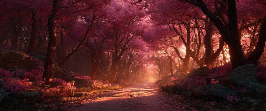 Sakura Road: A mesmerizing spring vista unfolds, showcasing a path winding through a forest of blooming cherry trees, enveloped in a radiant, soft light and blossoming with life.