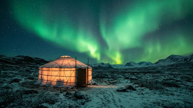 A brightly lit glass igloo sits beneath the dazzling green aurora borealis illuminating the night sky over a snowy landscape