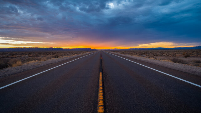 Long desert highway at sunset with dramatic cloudy sky over a vast arid landscape