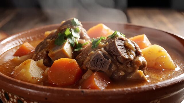 Hearty Beef Stew with Carrots and Potatoes Steaming in a Rustic Bowl.