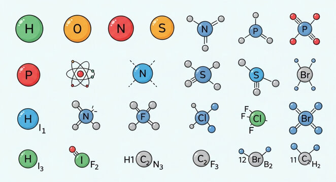 Chemical element symbols and molecular structures diagram.