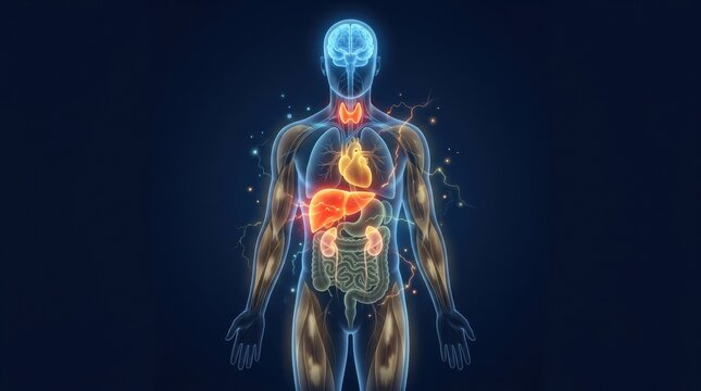 Human body internal organs and endocrine system glowing with energy and light