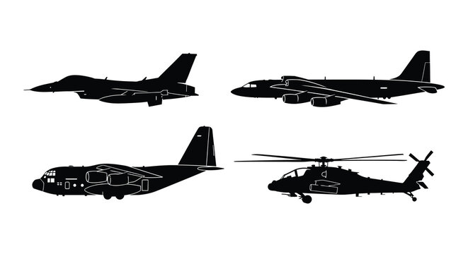 Black silhouette illustrations of military attack helicopters in various views