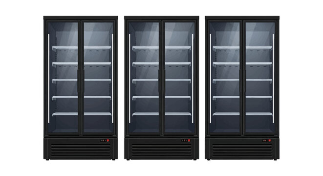 Three black commercial display refrigerators with double glass doors, empty internal wire shelves, and LED lighting, isolated on white background for retail store or grocery shop layout.
