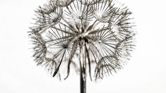 A delicate dandelion seed head stands out against a bright white background Its fine filaments radiate outwards creating a starburst effect