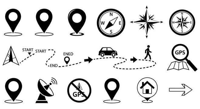 Diverse collection of navigation map location and GPS technology icons