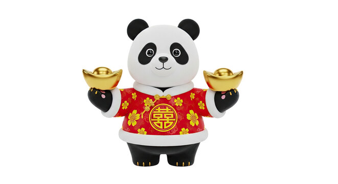 Cute Panda in Traditional Chinese Clothing Holding Gold Ingots