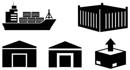 Fototapeta premium Black silhouette icons representing various global shipping and logistics service operations